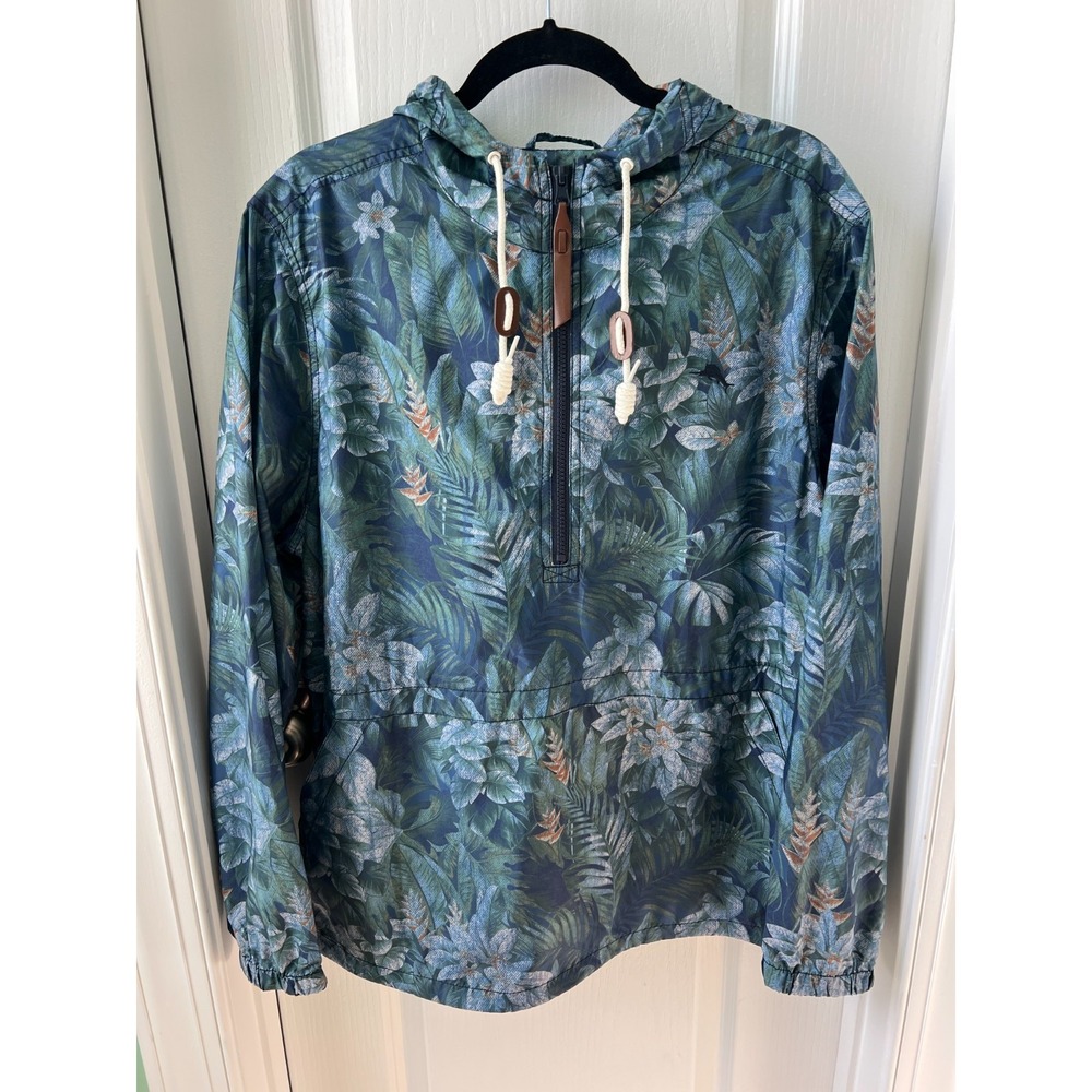 Tommy Bahama Botanico Beach Popover Hoodie Windbreaker‎ Mens Medium Blue Floral